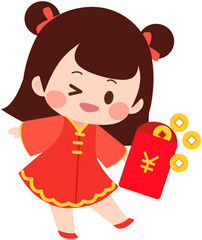 Happy child holding red envelope in hand 
