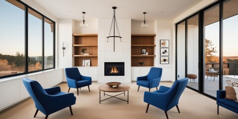 Fototapeta premium Modern luxury living room, panoramic windows, mountain view, white walls, wooden accent wall, linear fireplace, blue velvet armchairs, round coffee table, pendant lighting, minimalist design, open con