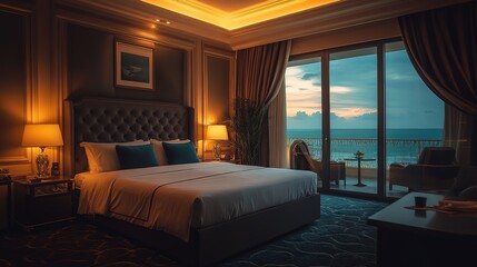 Elegant bedroom with ocean view at dusk featuring warm lighting, cozy furniture, and tranquil atmosphere in a luxury hotel