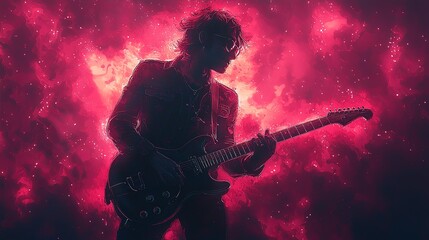 Obraz premium Rock guitarist performing energetically on stage with vibrant pink background