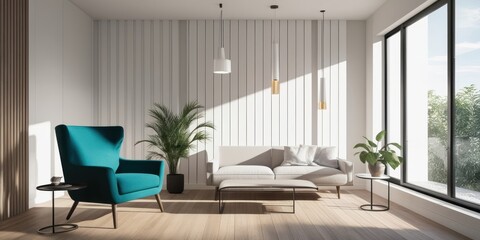 Fototapeta premium modern minimalist living room, teal accent chair, white walls, large windows, natural light, hanging pendant lights, wooden floor, potted plants, contemporary sofa, sleek coffee table, abstract wall a