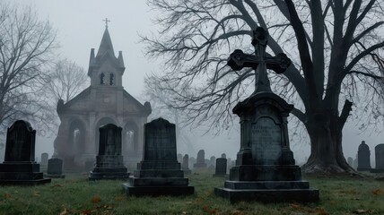 Fototapeta premium Eerie graveyard in background 