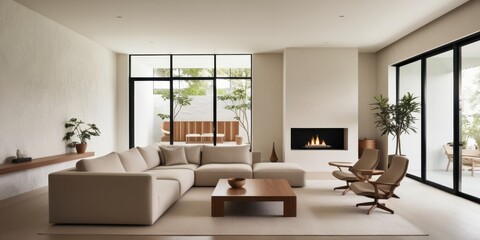 Fototapeta premium modern minimalist living room, neutral tones, white brick walls, arched doorways, large windows, natural light, contemporary fireplace, beige sectional sofa, wooden coffee table, potted plants, cozy i