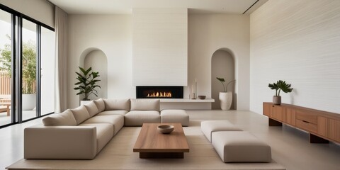 Fototapeta premium modern minimalist living room, neutral tones, white brick walls, arched doorways, large windows, natural light, contemporary fireplace, beige sectional sofa, wooden coffee table, potted plants, cozy i