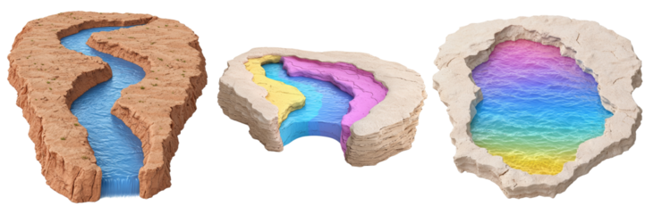 The image showcases three artistic representations of water features, each with vibrant colors and unique textures, set against a black background.