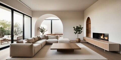 Fototapeta premium modern minimalist living room, neutral tones, white brick walls, arched doorways, large windows, natural light, contemporary fireplace, beige sectional sofa, wooden coffee table, potted plants, cozy i
