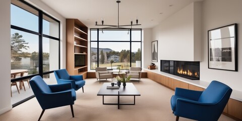 modern living room, minimalist design, large windows, natural light, white walls, wooden accents, blue armchairs, fireplace, pendant light, white sofa, potted plant, clean lines, open space, contempor