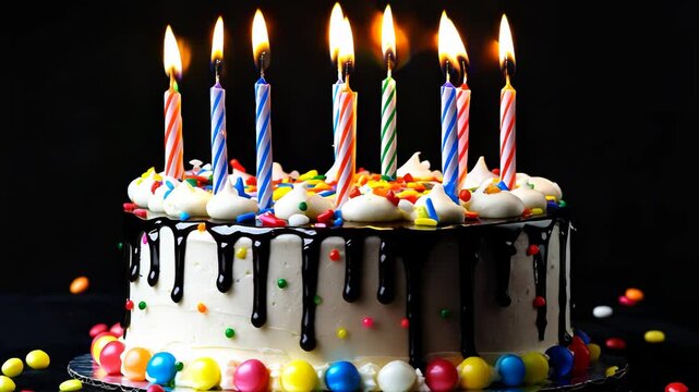 Happy birthday card with cake and burning candles on a black background