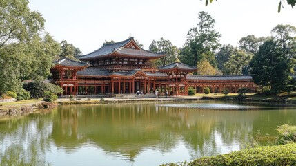 Traditional Japanese Architecture Reflected in a Serene Pond