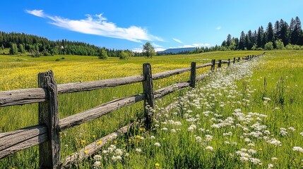 A sunny day by the meadow with wildflowers and a rustic wooden fence under a clear blue sky