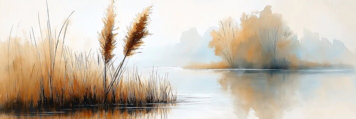Serene Landscape with Tall Reeds by Calm Water
