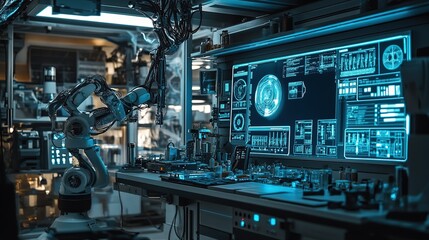 Fototapeta premium Futuristic tech lab with multiple screens displaying data in a dimly lit atmosphere during evening hours