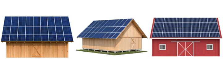 Three different styles of energy-efficient buildings featuring solar panel roofs, showcasing sustainable design and eco-friendly architecture.