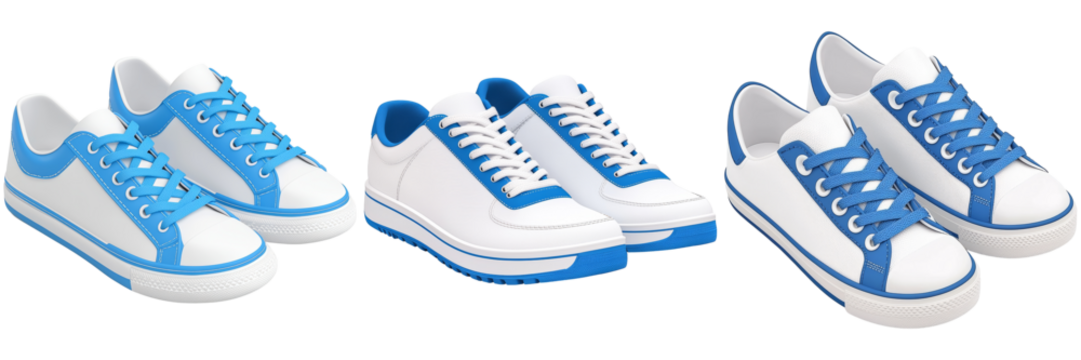 A trio of stylish sneakers featuring a blue and white color scheme, showcasing different designs suited for casual wear.