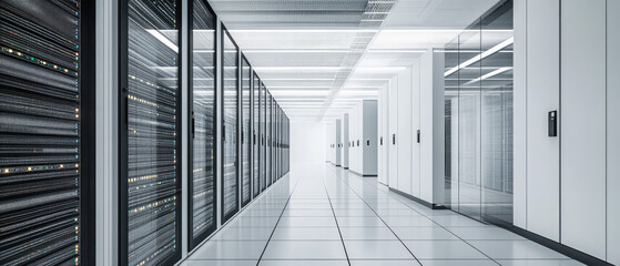 Obraz premium gray white industrial technology data center with rows of server cabinets and black glass doors with silver metal frame computer systems