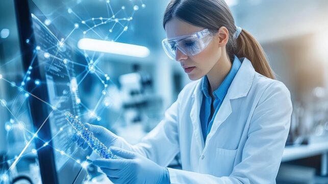 A focused scientist in a lab coat analyzes data on a computer screen, showcasing the fusion of technology and research.