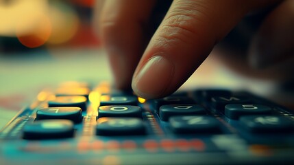 Fototapeta premium Fingers entering numbers into a calculator near a bar chart, sharp focus on calculator buttons and graph data, natural lighting casting subtle shadows, blurred office setting in background. --ar 16:9