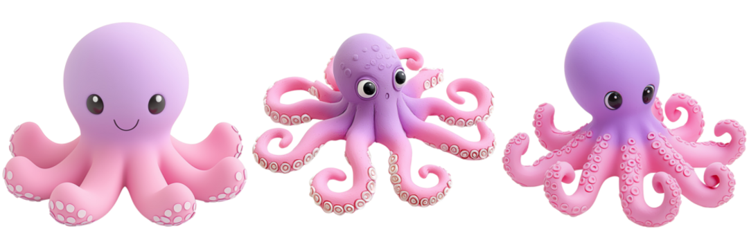 Three cute, whimsical octopuses in shades of pink and purple, each with unique designs, set against a black background.