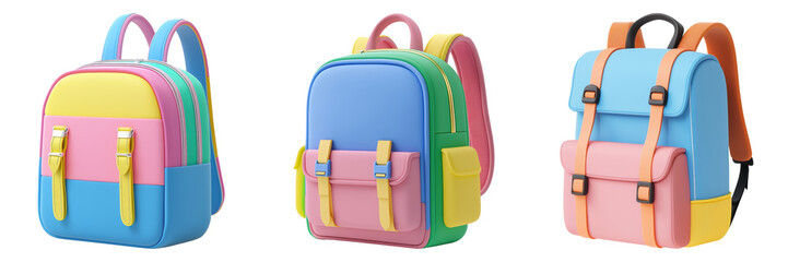 Three colorful backpacks showcasing vibrant designs, ideal for school, travel, or casual outings.