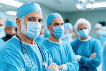 A focused team of medical professionals in blue surgical attire preparing for a procedure in a modern operating room.