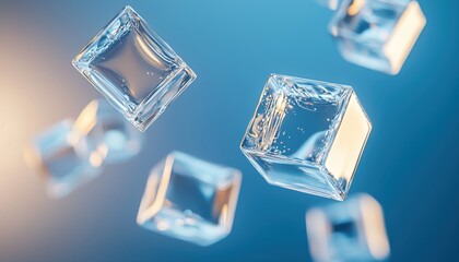 Fototapeta premium A visually appealing arrangement of transparent ice cubes floating against a soft blue background, suggesting coolness and refreshment.