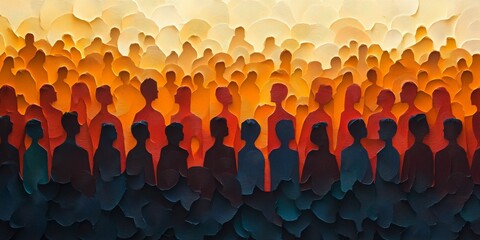 Obraz premium Diverse Crowd Silhouette, intricate paper cutout depicting unity and diversity among individuals in a dynamic gathering setting