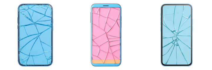 A collection of three smartphone screens, each displaying a cracked screen design in different colors: blue, pink, and a simple blue background.