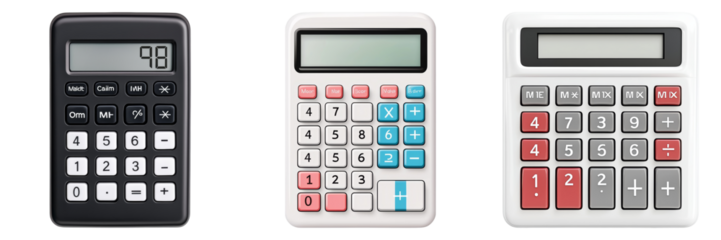 Three calculators are displayed, showcasing different designs and button layouts in a minimalistic presentation.
