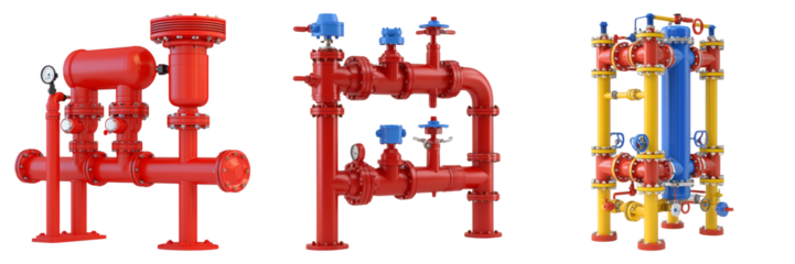 Various industrial pipes and valves in red and yellow, showcasing plumbing and water management equipment.