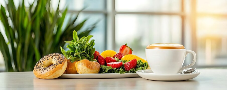 Business breakfast spread with hot coffee, fresh fruit, and bagels on a sleek tabletop, early morning sun filling the room balanced, cheerful tones for an energizing meeting