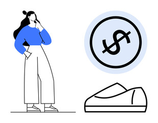 Person in blue top and white pants stands next to a large dollar sign, contemplating a shoe purchase. Ideal for financial decisions, shopping, budgeting, cost analysis, consumer behavior, retail