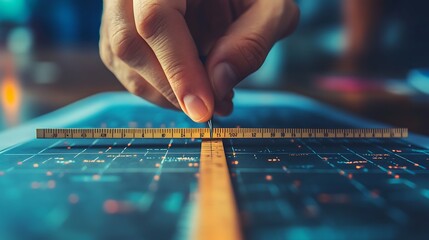 Naklejka premium Hand gripping a ruler on a chart with data points, preparing to draw, intricate focus on hand texture and ruler markings, ambient daylight creating subtle highlights, blurred office background.