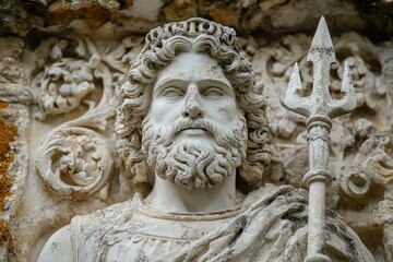 Fototapeta premium Ancient roman god neptune statue holding trident, decorated with floral motifs