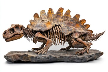 Stegosaurus skeleton standing on a rock, dinosaur fossil exhibit