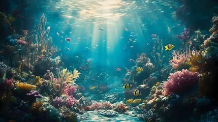 Naklejka premium Vibrant Underwater Seascape Teeming with Diverse Marine Life and Sunlight Filtered Turquoise Waters