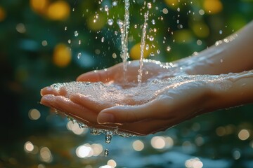 Fototapeta premium Woman collecting pure water in her hands in a sunny day