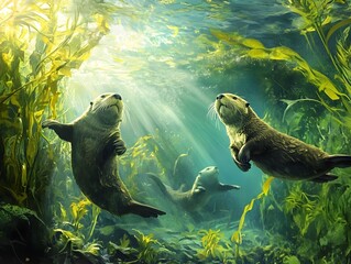 Fototapeta premium Curious Sea Otters Frolicking in Lush Kelp Forest Illuminated by Sunlight Shafts