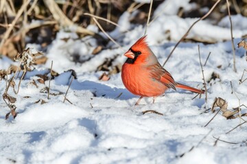Northern cardinal perched on snowy branch in winter wonderland