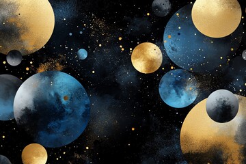 Plan&egrave;tes dor&eacute;es et bleut&eacute;es dans un univers abstrait et &eacute;toil&eacute;

