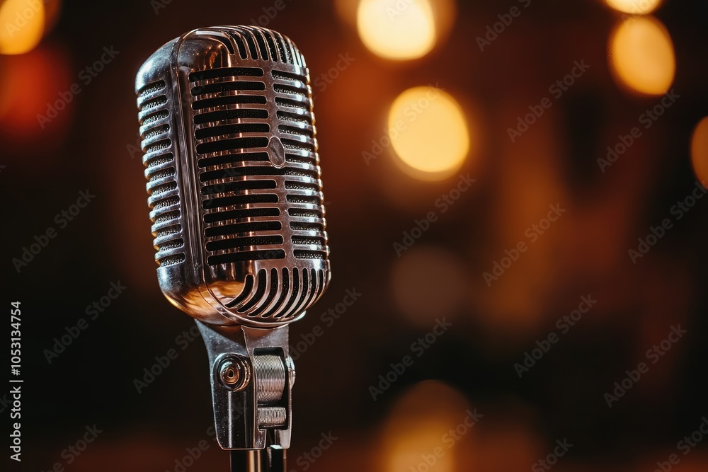 Poster vintage microphone on stage with colorful bokeh lights
