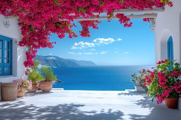 Whitewashed patio offering breathtaking view of the aegean sea