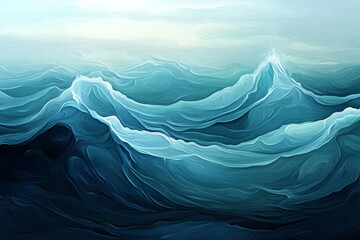 Illustration artistique de vagues calmes en dégradés de bleu doux et blanc

