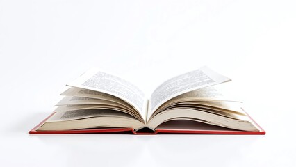Fototapeta premium Open book on white background, red cover, text visible