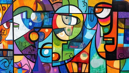 Obraz premium A vibrant street art mural depicting abstract figures and shapes