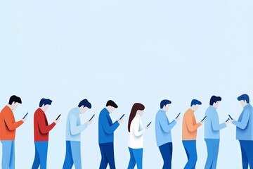 Fototapeta premium Illustration of people walking while looking at their phones, depicting modern technology addiction and social behavior in digital age.