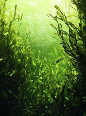 Obraz premium A vibrant green underwater scene with dense foliage of seaweed and algae