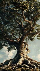 Old tree with roots in the park.