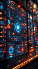 Obraz premium A futuristic control panel with glowing interfaces and data displays.