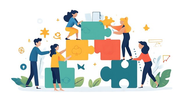 Illustration of Teamwork and Collaboration with People Putting Together a Puzzle