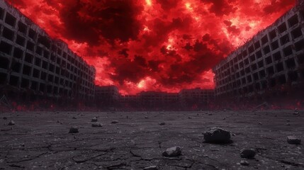 Anime-style deserted town under an ominous red sky with swirling clouds